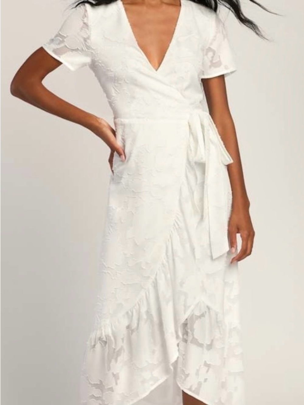 RIHOAS White Wrap Midi Dress with Tie Waist